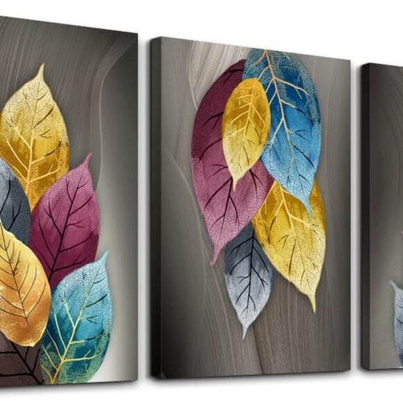Canvas Wall Art for Living Room Decor Artwork Abstract Leaves Painting 3Pcs - Picture 3 of 6